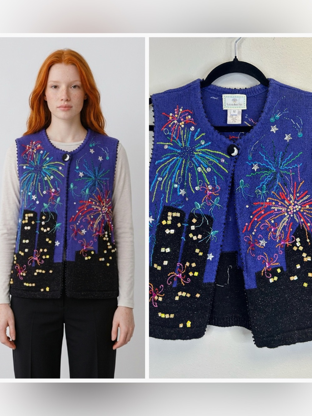 Vintage 90s Y2K 4th of July Fireworks Knit Vest Size M Multicolor Embroidered‎